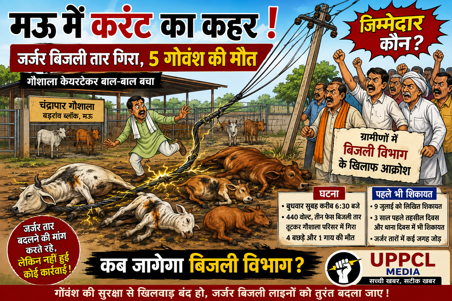 मऊ में करंट का कहर:जर्जर बिजली तार की चपेट में आकर 5 गोवंश की मौत, ग्रामीणों में आक्रोश